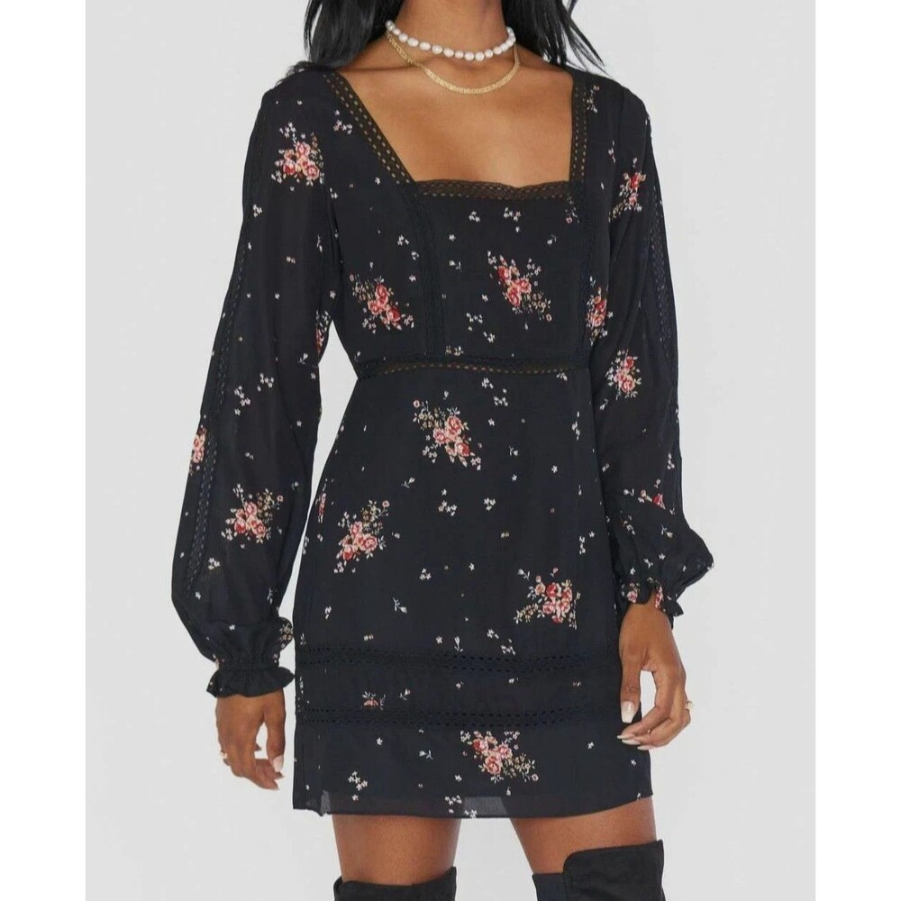 Show Me Your Mumu Helen Mini Dress XS Black Floral Long Sleeve Smocked Back
